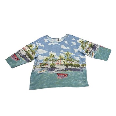 Y2K Take Two Shirt Womens 2XL Blue Green Tropical Beach Sequins 3/4 Sleeve