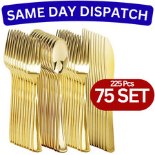 225 Pcs Gold Plastic Cutlery Wedding Dinner Party Tableware Knives Forks Spoons