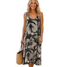 Tahari Tropical Midi Dress Womens Size 1X Green White Sleeveless Beachy Resort