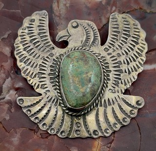 Vintage Navajo Large Thunderbird W/green turquoise Signed AJC Pin/Brooch