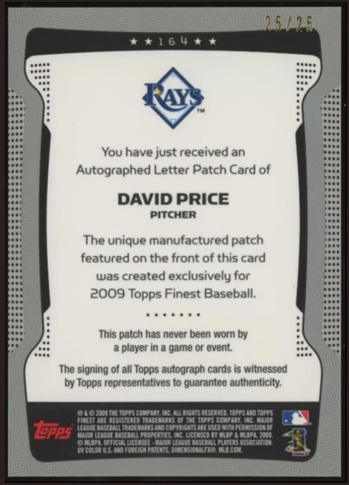 David Price Rookie Patch Auto/25 2009 Topps Finest Letter Patch Blue Refractor Foto 2 de 3