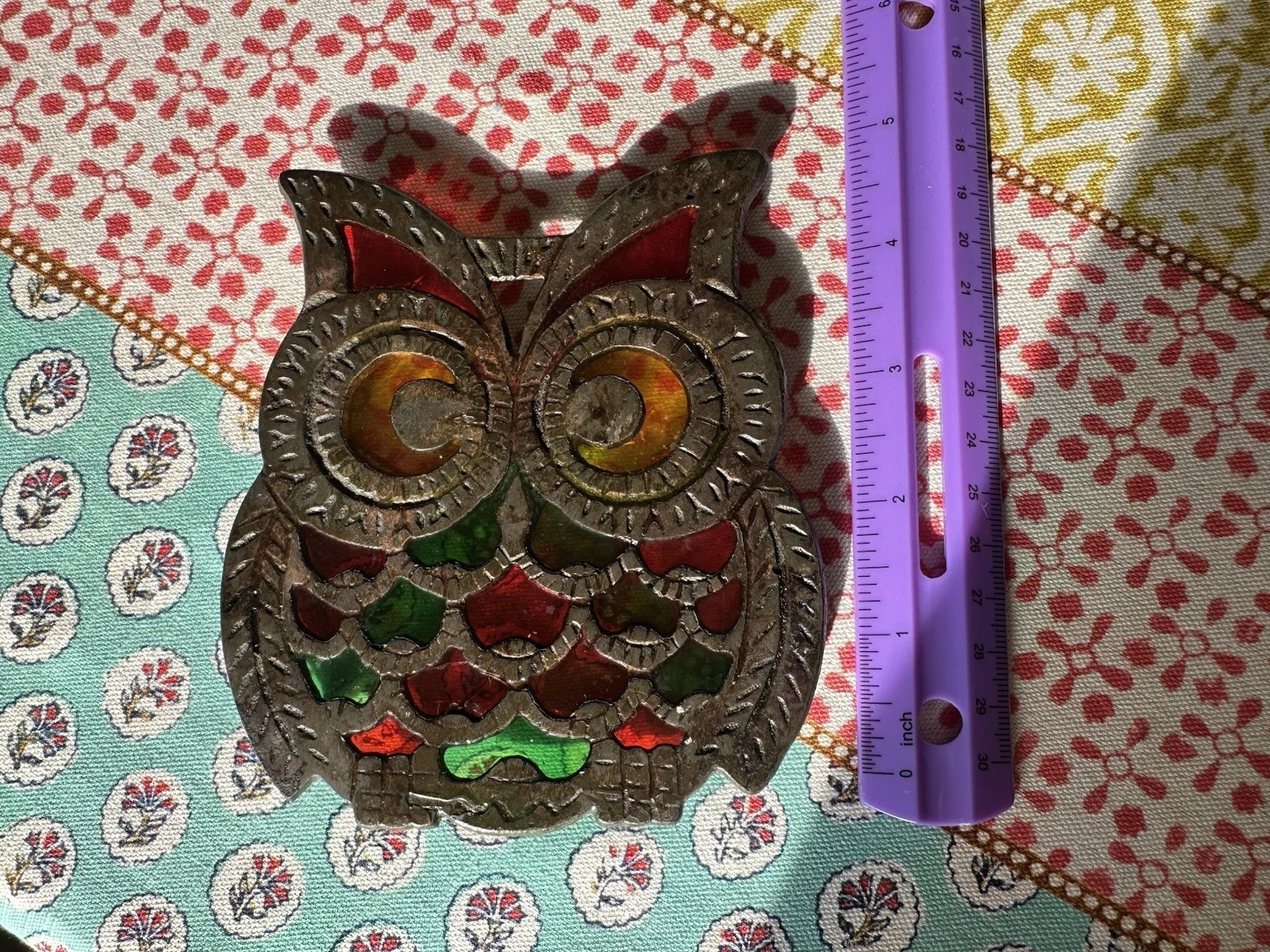 Vintage 60's-70's faux stained glass owl trivet image 3