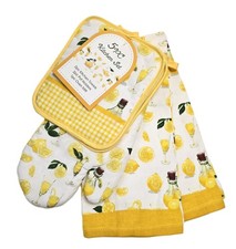 5 PC SET COTTON YELLOW LEMON LEMONADE 2 POT HOLDERS,1 MITTEN 2 KITCHEN TOWEL