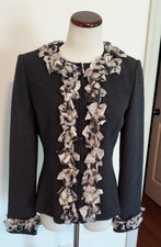 St John Zip Jacket Charcoal Knit Silk Sheer Floral Trim Size 6 S
