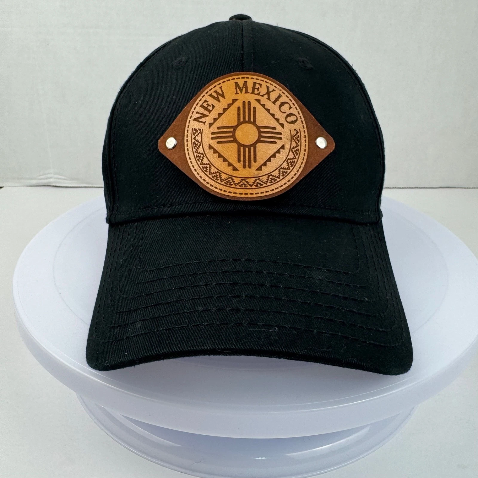 New Mexico Zia Sun Hat Black Baseball Cap Leather Patch Adjustable Strapback
Opens in a new window o
