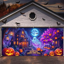 Halloween Garage Door Banner 6X13Ft, Friendly Ghost Haunted House with Jack O La