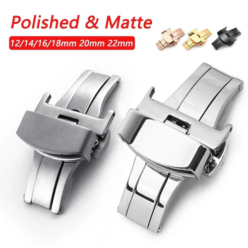 Stainless Steel Butterfly Buckle Polished Matte Button Watch Band 16mm 20mm 22mm - Picture 2 of 30