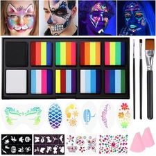 Rainbow Face Paint Kit - UV Fluorescent Split Cake, Water Activated Body Pain...