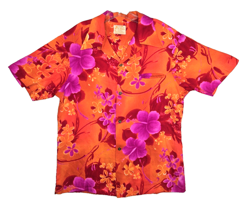 Vintage HAWAII shirt ORANGE RED neon dayglow lava 50 60 polynesian Ui-Maikai - Picture 2 of 22