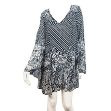 Free People Bell Sleeve Mini Floral Dress V Neck Long Sleeve Size XS Blue White