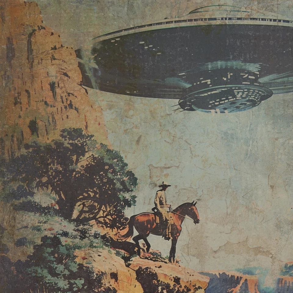 Arte de pared de lienzo estirado OVNI COWBOY, decoración de flores de cactus alienígena occidental de ciencia ficción Foto 2 de 4