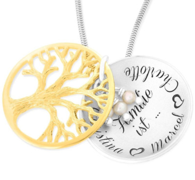 Namenskette bicolor Kette Familie ist Gravur mit Lebensbaum Anhänger