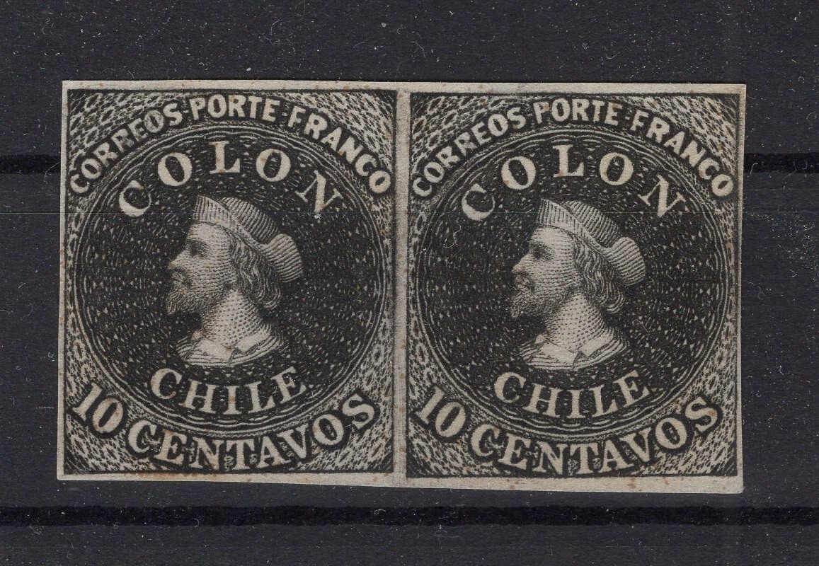 CHILE Colon First issue plate proof 10c pair on thick paper
