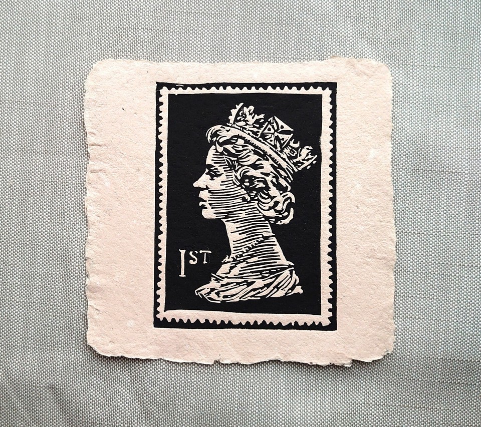 Wall art Queen Elizabeth II Stamp Linocut Original Print coronation