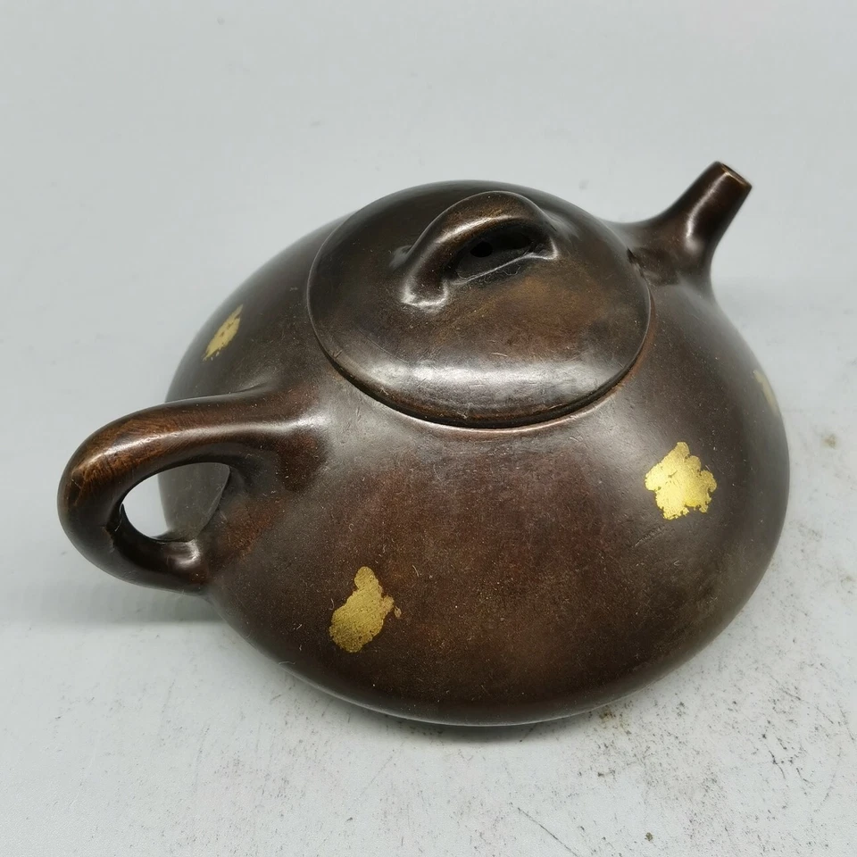 Tetera china antigua púrpura cobre dorado punteado bronce tetera Foto 3 de 4