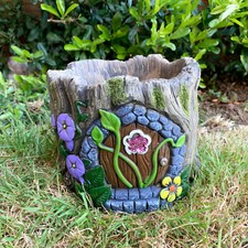 Tall Cement Fairy House Planter 18cm Round Pixie Fantasy Plant Pot Drainage Hole
