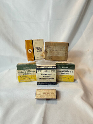 Vtg Microscope Slide Lot of 5 Boxes and Micro Cover Glass  Esco Woodco Fisher