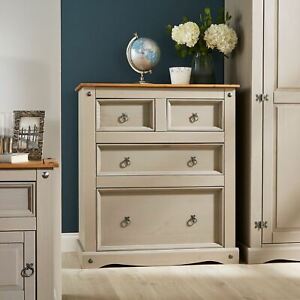 Grey Corona Pine Chest of 4 Drawers Two Tone Solid Mexican Wood 2+2 Drawers