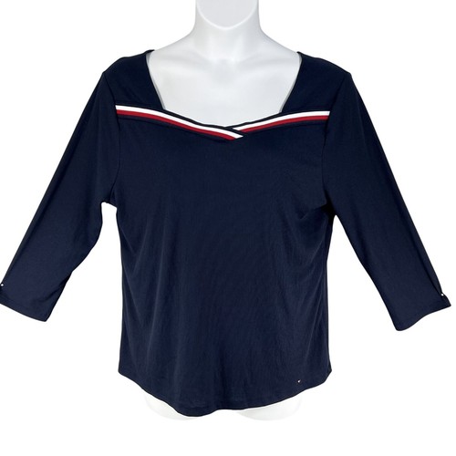 Tommy Hilfiger Neu mit Etikett Damen XXL Stretch Pullover Navy Rippstrick Oberteil 3/4 Arm