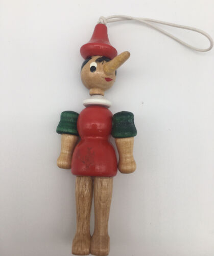 Vintage Wooden Pinocchio Ornament Italy Handmade Movable Head And Arms - Afbeelding 1 van 9