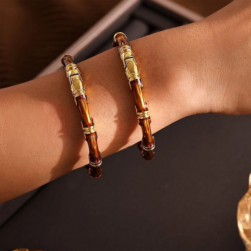 Женщина 18K золото покрытием моды бамбука эмаль открытие браслет манжета - Изображение 4 из 4