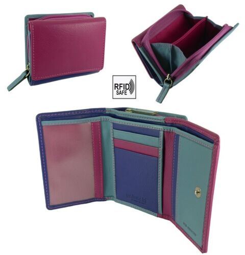 Womens Small Compact Trifold Real Leather Purse Multicoloured RFID Protected - Picture 7 of 9