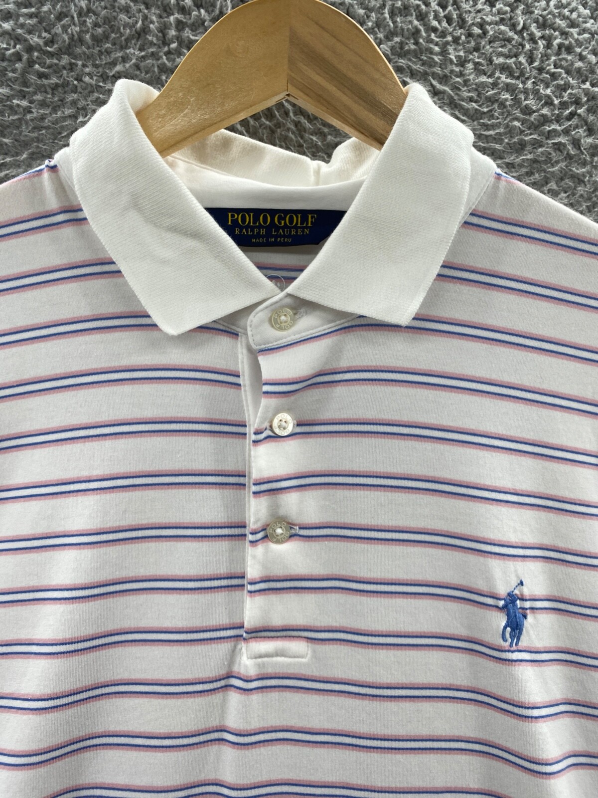Ralph Lauren Polo Golf Camicia Adulto Grande Bianco Rosa Blu Wicking Pony Pima Uomo