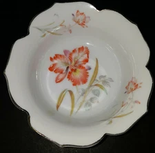 Asian Rice Bowl Orange Multicolor Flowers Porcelain Gold Scalloped Rim 4.75" W
