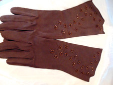 Vtg 30s Art Deco Brown 12.5" Long Formal Gloves Bronze Copper Beaded Floral M