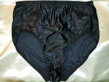 Vintage 90s Black Satin Second Skin Silky Shiny Floral Lace Granny Panties S EUC