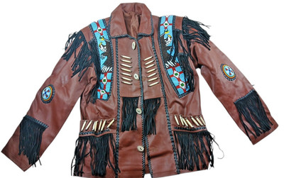 Brown Leather Beaded Native American Style Eagle Biker Jacket  Suede Fringe sz40