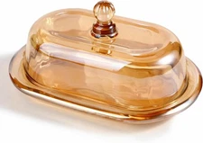 Champagne Vintage Glass Butter Dish with Lid for Countertop, Large 