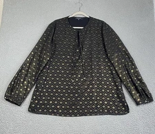 LAFAYETTE 148 New York Black Gold Eli Ikat Metallic Jacquard Blouse Top Size XXL
