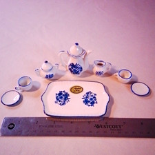 Vintage Andrea by Sadek 1:12 Porcelain Painted Blue/White Tea Set Lot 8pc Tray