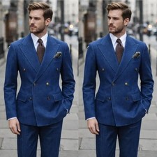 Blue Denim Men's Suits Double Breasted Peak Lapel Party Formal Men Tuxedos