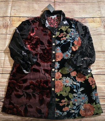 John Mark Womens Multi Burnout Velvet Embroidered Floral 3/4 Roll-Tab Sleeve NWT