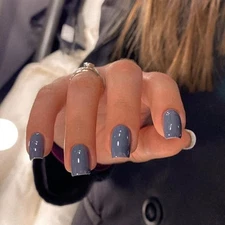  Short Press On Nails - Square Grey Gel Nails Set, Dark glossy square grey