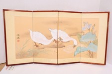 Japanese VTG Gold 4 Panel Folding Screen Asian Byobu Painted Chinese 33x17 Asian
