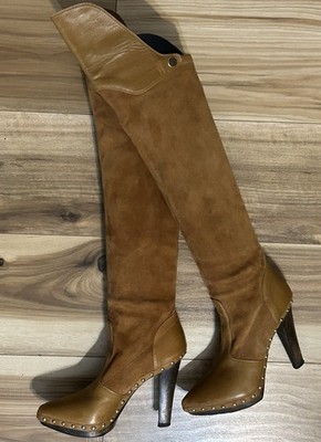 Sergio Rossi Tan Leather & Suede OTK Over The Knee Studded Boots Size 37.5