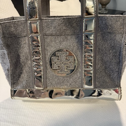 Tory Burch Grey & Silver Felt Bag. GUC. Green Liner. Tear In Liner. Needs Love! - Picture 2 of 9