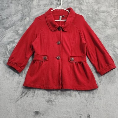 Caslon Jacket Womens M Red Cotton Knit 3/4 Sleeve Peplum Peacoat Preppy Casual
