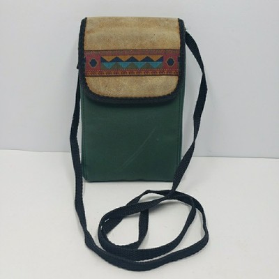 Vintage Aztec Crossbody Wallet Purse Green Canvas Fold Out 15 Slot Festival
