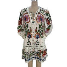 Farm Rio Garden Floral Toucan Swiss Dot Mini Dress White Boho Puff Sleeve Tassel