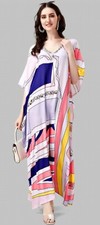 Indian Printed Feather Multi Pink Maxi Kaftan Dress Women Nightwear