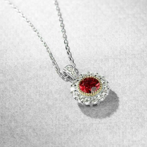 1Ct Round Cut Red Ruby & Diamond Halo Pendant 14k White Gold Finish Free Chain - Picture 4 of 5