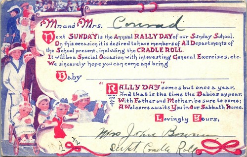 Vintage S School Rally Day Postcard Children . Cradle Roll  & Parents Parade  - Foto 1 di 4