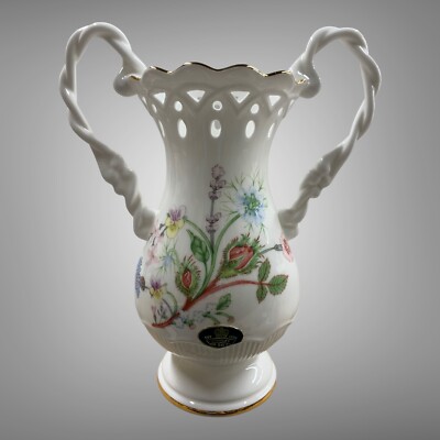 Rare Hand Painted Reticulated Double Handled Aynsley Wild Tudor Vase with Label