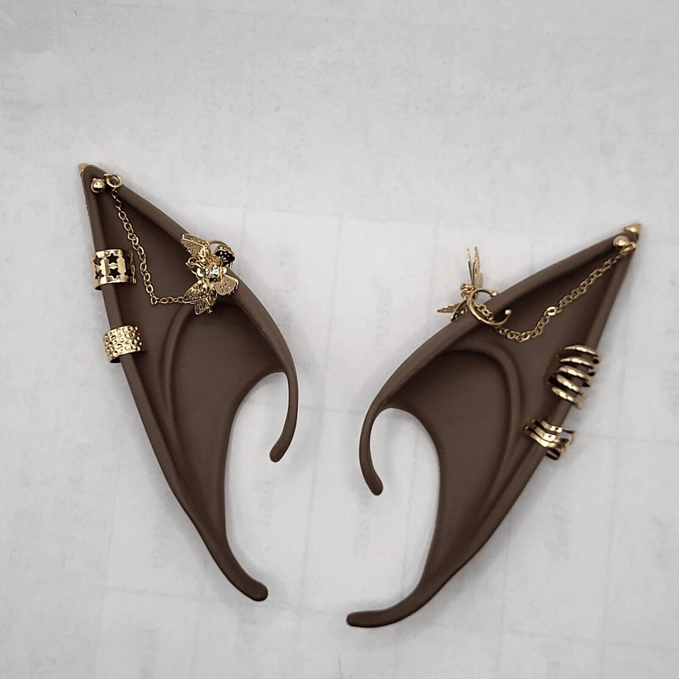 Melanin Fairy Elf Ears With Gold Piercings Cosplay Costume Pointy LARP Anime - Image 4 of 4