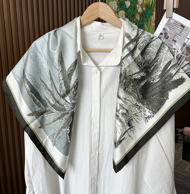 Pure 18 Momme Twill Silk Scarf Bandanna Shawl 35 Inch Grey Forest Square Wrap  