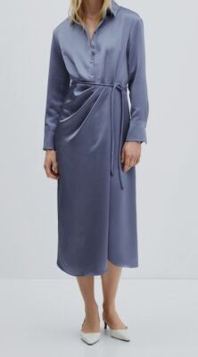Mango MNG Women's Blue Satin Long Sleeves Shirt Dress Size 4